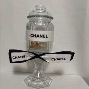 Chanel Ribbon Jar Glass Container Clear Lid Covered